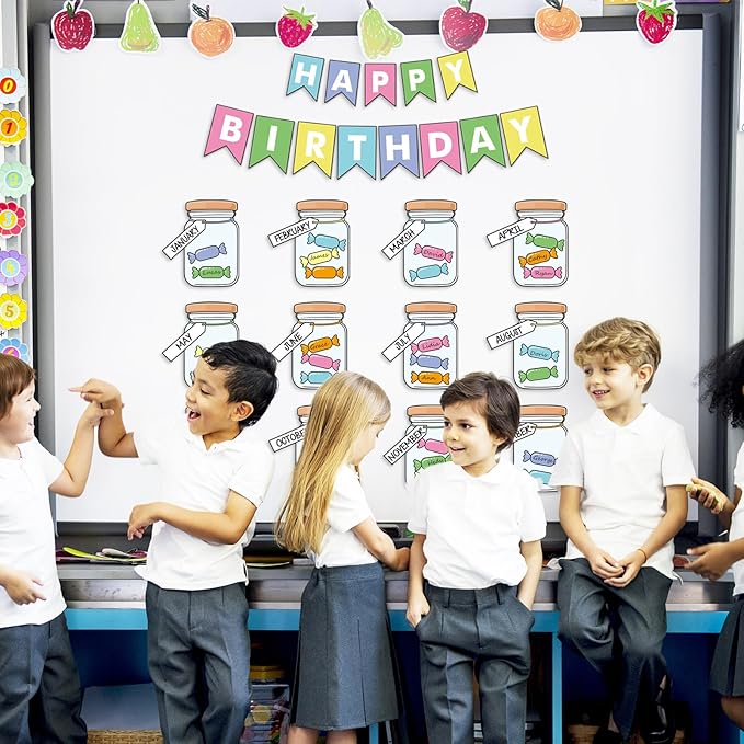 JarThenaAMCS 85Pcs Happy Birthday Bulletin Board Set Colorful Candy Calendar Poster Classroom Birthday Chart for Back to School Decorations