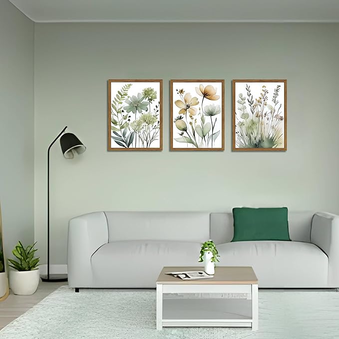 Wood Framed Sage Green Botanical Wall Art Set of 3, Boho Floral Canvas Wall Decor Paintings, Minimalist Flower Posters Prints Pictures for Bedroom Bathroom Living Room Home Decor 16x24 Inch