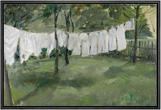 MUDECOR Framed Canvas Print Wall Art White Laundry Hanging in Garden Rustic Countryside Illustrations Minimalism Decorative Relax Colorful for Living Room, Bedroom, Office - 24"x36" Black