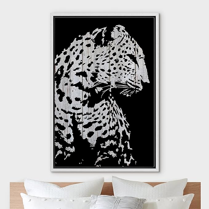 IDEA4WALL Framed Canvas Print Wall Art Grayscale Spotted Leopard Profile on Wood Panels Animals WildLife Illustrations Modern Art Tropical Portrait for Living Room, Bedroom, Office - 24"x36" WHITE