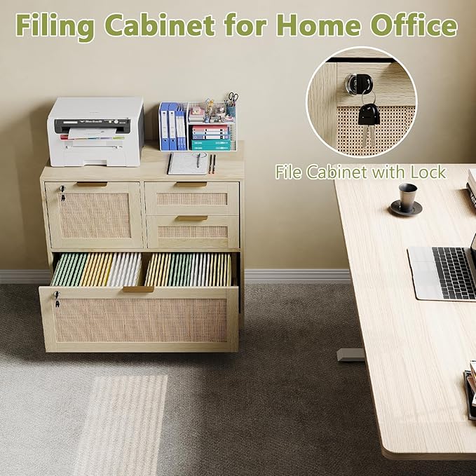 HOPUBUY Lockable 4 Drawers File Cabinet Set of 2, Lateral Filing Cabinet with Printer Stand for Home Office and School, Rattan File Cabinet for Hanging Files/Letter/Legal/A4/F4 Size, Natural Wood