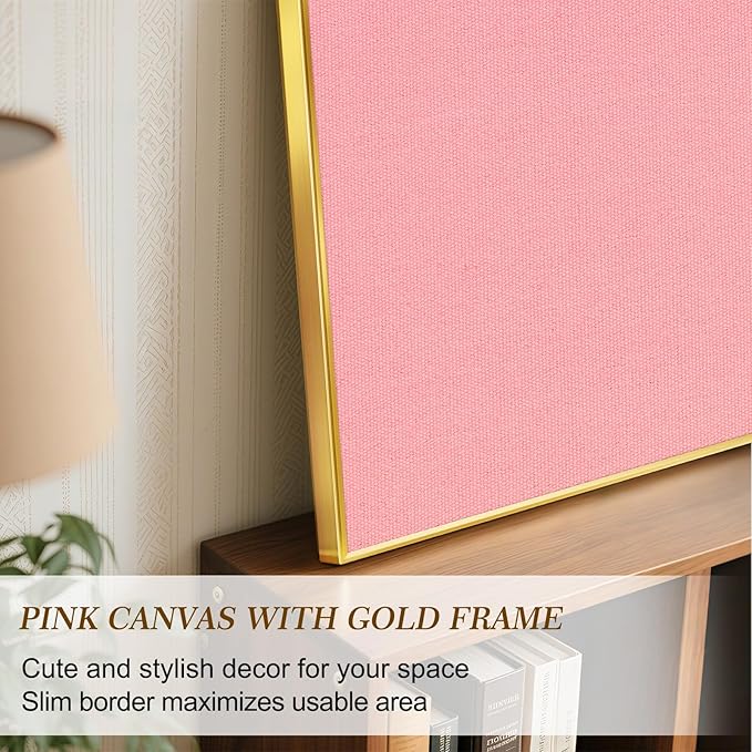 Linen Bulletin Board 24 x18 Inches, Cork Board for Wall with Gold Aluminum Frame, Fabric Pin Board Tack Board for Home Office Room Decor, 10 Push Pins, Pink Linen