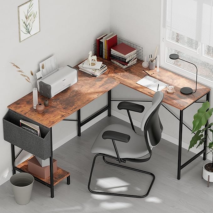 L Shaped Desk - 50" Reversible Home Office Computer Desk, Wood Top, Metal Frame, Side Bag, Sturdy Gaming Desk Corner Table for Work, Writing and Study, Space-Saving