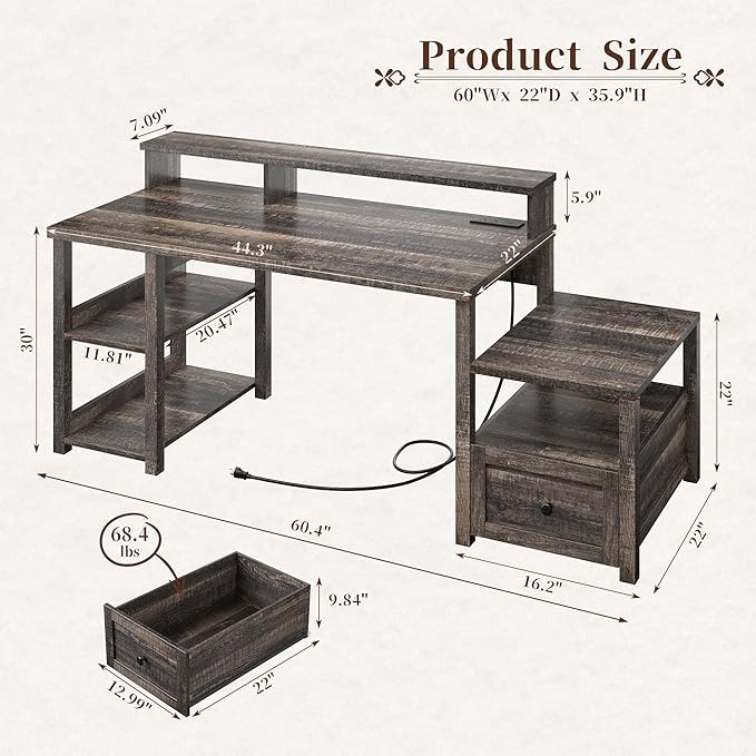 EnHomee 60.4" Computer Desk with Drawer, Office Desk with Monitor Stand, Farmhouse Study Desk with Power Outlet & LED Light, Writing Desk for Home and Study Room, Dark Rustic Oak