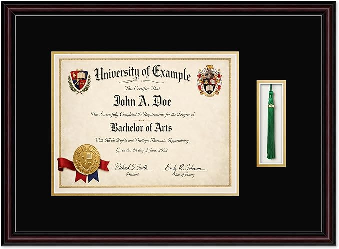 CountryArtHouse Diploma and Tassel Frame Fits 13 x 10 College Diploma (Traditional) with Tas Executive Brown Genuine Hardwood Shadowbox with Black Over Metallic Gold Double mat