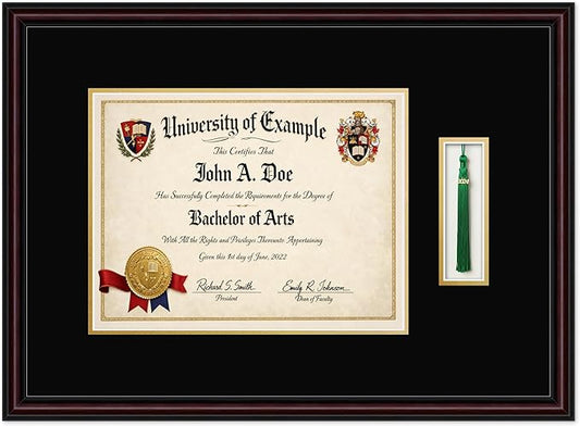 CountryArtHouse Diploma and Tassel Frame Fits 13 x 10 College Diploma (Traditional) with Tas Executive Brown Genuine Hardwood Shadowbox with Black Over Metallic Gold Double mat