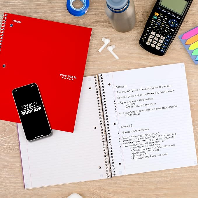 Five Star Spiral Notebook + Study App, 3 Subject, College Ruled Paper, 8-1/2" x 11", 150 Sheets, Fights Ink Bleed, Water Resistant Cover, Fire Red (72065)