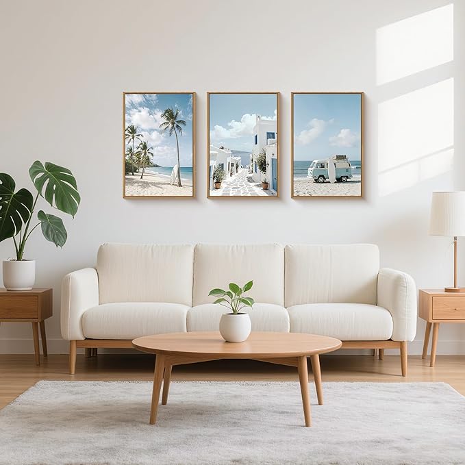 Large Summer Coastal Framed Canvas Wall Art Set,Modern Beach Surfboard Wall Decor,Seaside Palm Tree Art Prints,Vintage Blue Van Artwork for Living Room,Bedroom,Office -16"x24"x3