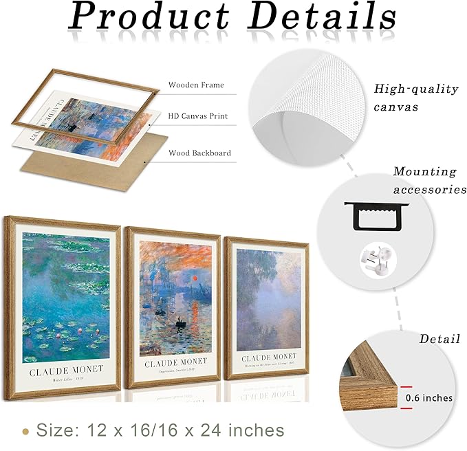 SYWENNOI Monet Impressionism Canvas Wall Art Set of 3, Classic Claude Monet Pieces Wall Decor, Water Lilies Sunrise and art Seine Landscape Art Prints for Living Room Bedroom Office 16x24 Wood Frames