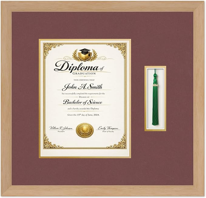 CountryArtHouse Diploma and Tassel Frame Fits 8.5 x 11 Certificate (Portrait) with Tassel Ho Natural Wood Genuine Hardwood Shadowbox with Dark Red Over Metallic Gold Double mat