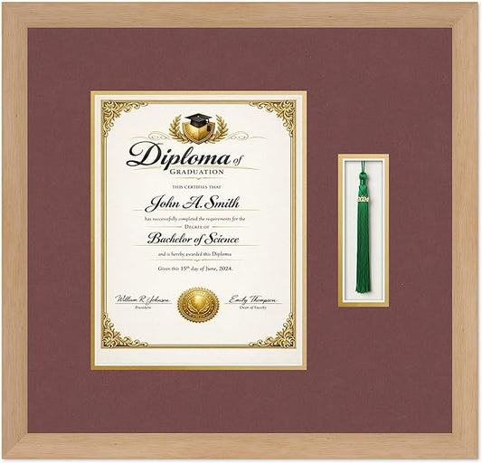 CountryArtHouse Diploma and Tassel Frame Fits 8.5 x 11 Certificate (Portrait) with Tassel Ho Natural Wood Genuine Hardwood Shadowbox with Dark Red Over Metallic Gold Double mat
