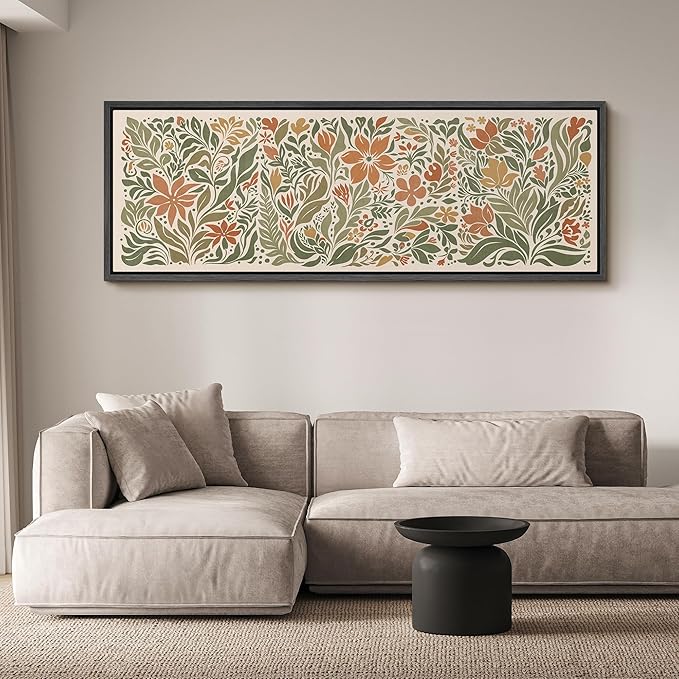 SIGNFORD Large Framed Canvas Folk Floral Garden in Earth Tones Illustrations Modern Art Calm Warm for Living Room, Bedroom, Office - 60"x20"