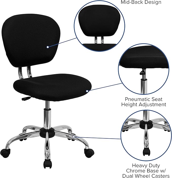 Flash Furniture Beverly Mid-Back Swivel Mesh Office Chair with Padded Seat, Height-Adjustable Ergonomic Padded Office Desk Chair, Black/Chrome