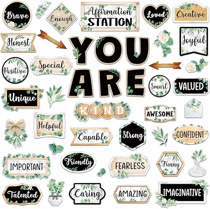 45 Pcs Eucalyptus Affirmation Station Bulletin Board Set Motivational Posters Classroom Mirror Growth Mindset Decor Positive Affirmations Accents Cutouts for School Office Home Teacher Wall