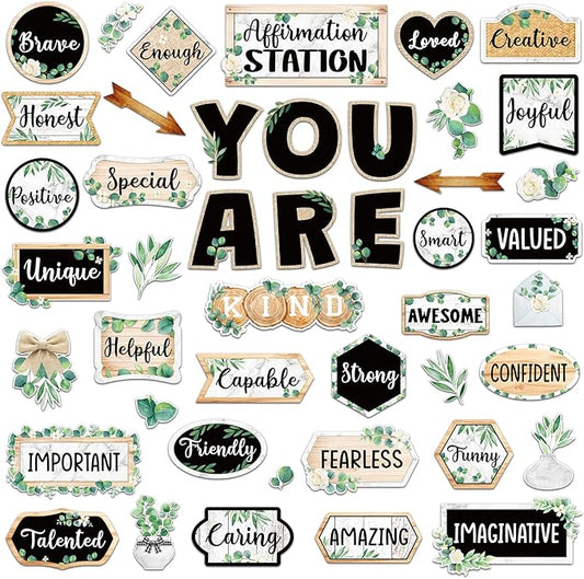 45 Pcs Eucalyptus Affirmation Station Bulletin Board Set Motivational Posters Classroom Mirror Growth Mindset Decor Positive Affirmations Accents Cutouts for School Office Home Teacher Wall