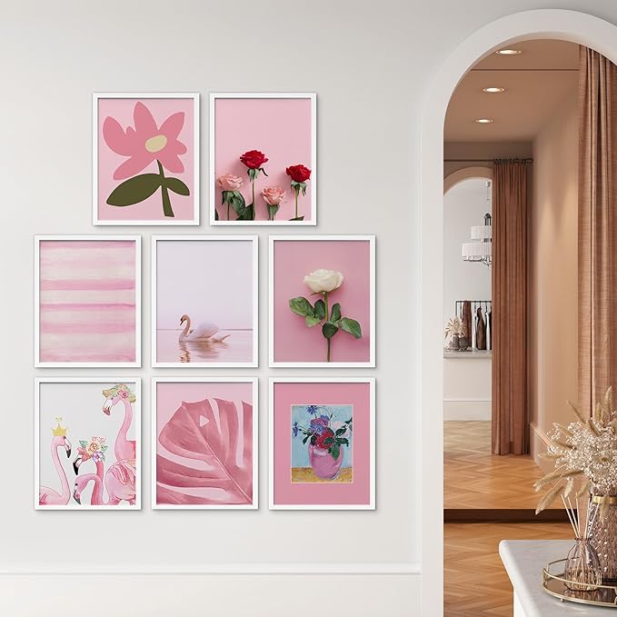 SIGNWIN Framed Poster Bathroom Decor, Wall Art Room Decor Multicolor for Living Room, Bedroom, Office Pink Swan Botanical Flower Daisy Rose Monstera Nature Abstract Shapes - 12"x16"x 8 White