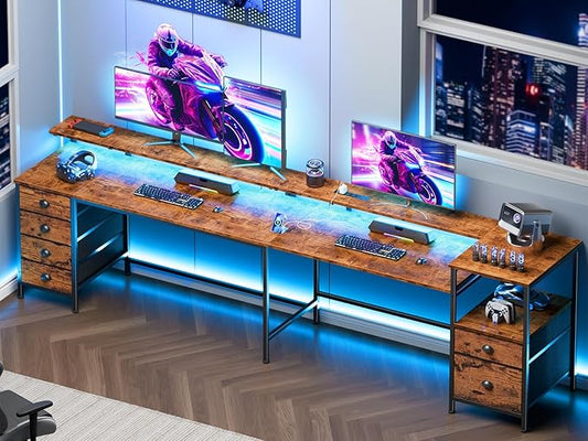 Furologee 95" Two Person Computer Gaming Desk, Long 2 Person Home Office Desk with 6 Drawers & Storage Shelves, Double Table with Power Outlets, LED Lights and Full Monitor Shelf, Rustic Brown