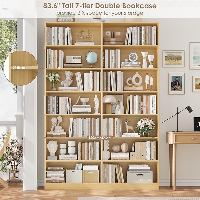 FACBOTALL 83.6" Tall Bookshelf and Bookcase, 7-Tier Extra Large Bookshelf with Double Storage, 14 Open Display Shelves for Home Office, Study and Living Room, Natural