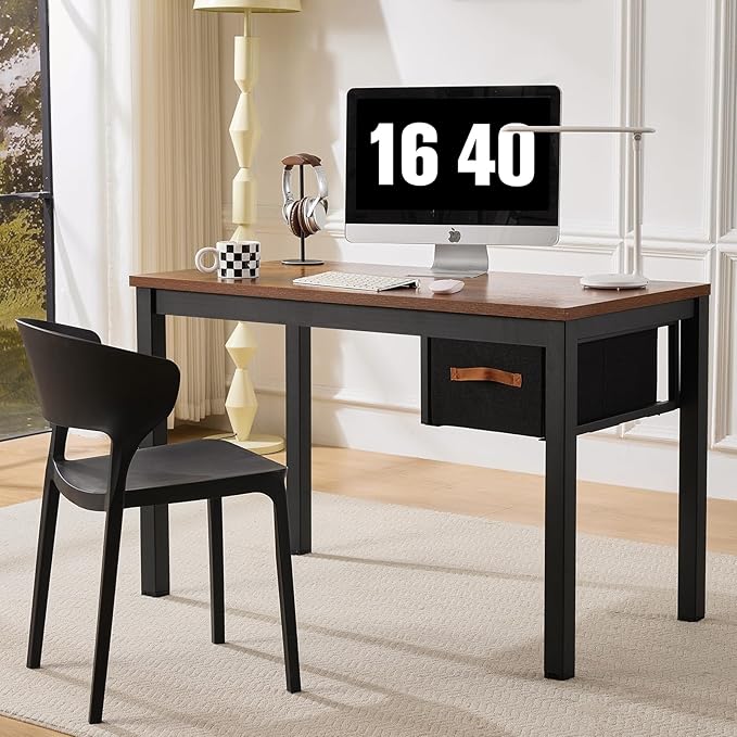 Computer Desk with Drawer, 47 Inch Home Office Work Desks, Modern Writing Study PC Desk Gaming Table for Small Place Bedroom, Thickened Tabletop and Stable Metal Frame Leg（Rustic Brown）