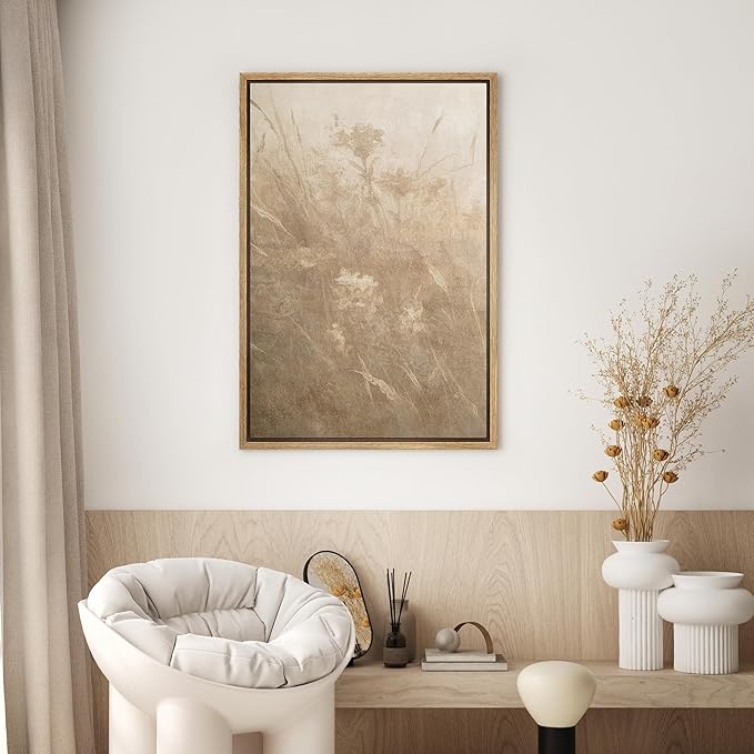 SIGNWIN Framed Canvas Print Wall Art Vintage Meadow Wildflower Botanical Neutral Tones Illustrations Modern Decorative for Living Room, Bedroom, Office - 16"x24" NATURAL
