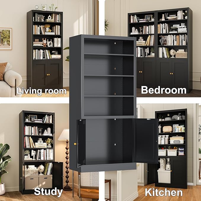 Black Bookcase, Library Office Book Shelf with Adjustable Shelves, Tall Bookcase with Doors for Bedroom Living Room Kitchen. Metal Bookshelf Ideal for Home Organization & Stylish Upgrades