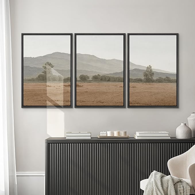 SIGNWIN Framed Canvas Print Wall Art Set Rustic Mountain Landscape in Earth Tones Illustrations Modern Art Decorative for Living Room, Bedroom, Office - 24"x36"x3 Black