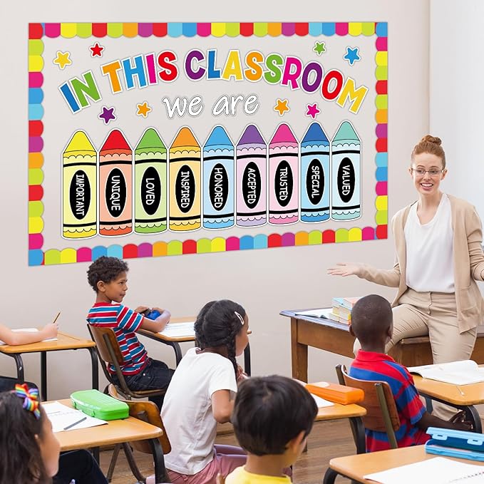 gisgfim Back to School Bulletin Board Decorations Colorful Crayon Paper Cutouts Crayon Motivational Word Bulletin Board Set for School Classroom Teacher Students Chalkboard Door Wall Decor Supplies