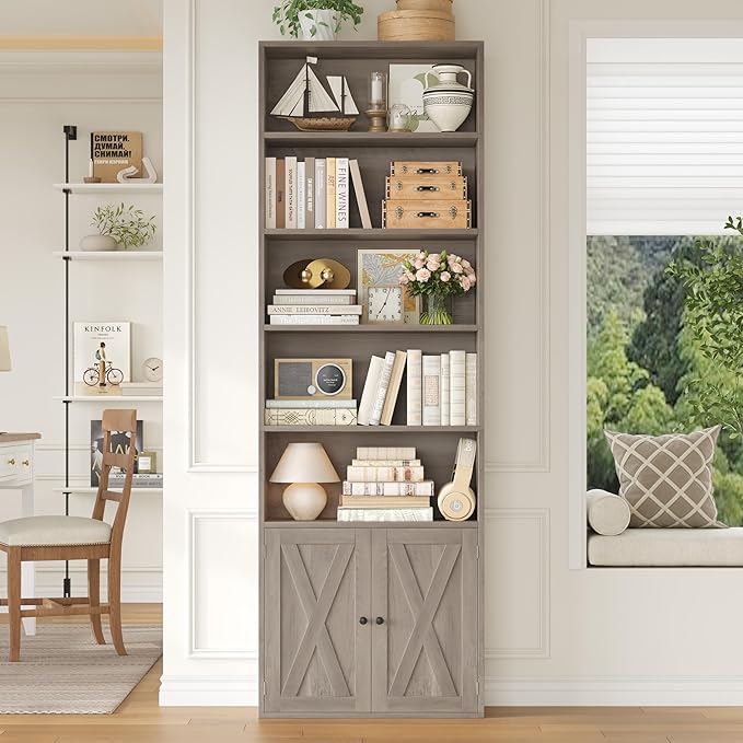 FACBOTALL 82" Tall Bookcase and Book Shelf, 24" Wide Bookshelf with Doors, 7 Tier Bookcase with Storage and Adjustable Shelf, Open and Display Farmhouse Bookshelf for Living Room, Home Office, Gray