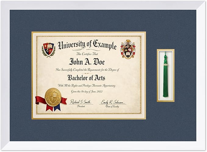 CountryArtHouse Diploma and Tassel Frame Fits 13 x 10 College Diploma (Traditional) with Ta Bright White Genuine Hardwood Shadowbox with Navy Blue Over Metallic Gold Double mat
