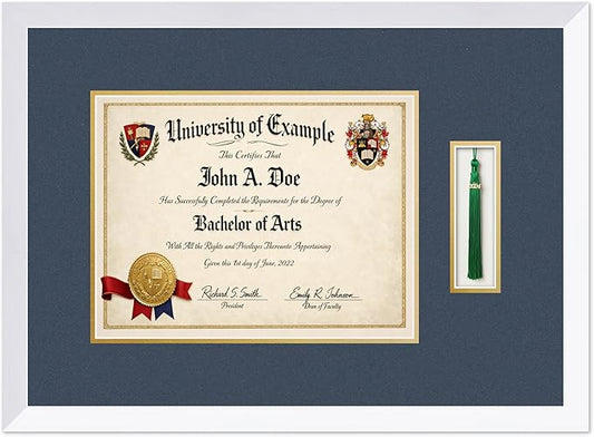 CountryArtHouse Diploma and Tassel Frame Fits 13 x 10 College Diploma (Traditional) with Ta Bright White Genuine Hardwood Shadowbox with Navy Blue Over Metallic Gold Double mat