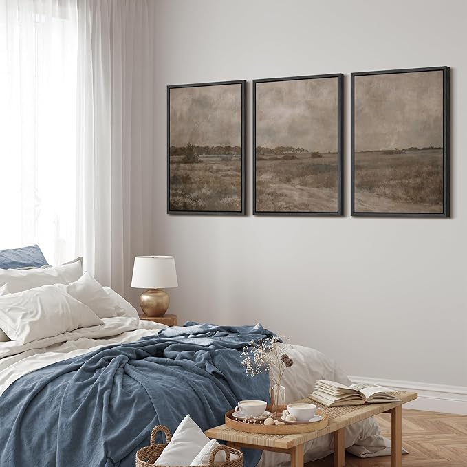 MUDECOR Framed Wall Art Print Set Vintage Neutral Countryside Landscape Rustic Field Path and Distant Trees Illustrations Modern Art Boho Decorative for Living Room, Bedroom, Office - 24"x36"x3 BLACK