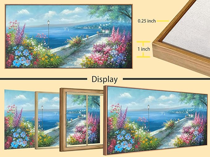 Arjun Blue Coastal Canvas Framed Wall Art for Living Room Ocean Landscape Painting Bedroom, Extra Large Hand Painted Seascape Flower Picture Artwork Home Office Wall Decor 58"x29"