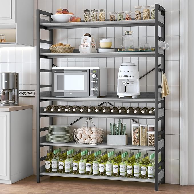 HCHQHS Bookshelf, Adjustable Industrial Bookcase, Vertical Tall Book Shelf, Wood and Black Metal Open Bookshelves for Home Office, Living Room, Bedroom (Grey, 6-Tier (47" W x 70" H))