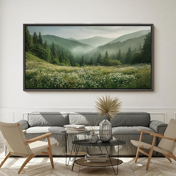 SIGNFORD Extra Large Framed Canvas Print Wall Art Misty Green Valley Meadow Landscape Illustrations Modern Art Calm Warm for Living Room, Bedroom, Office - 60"x30"