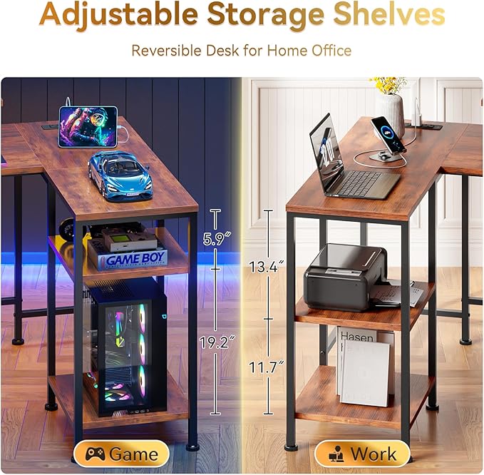 Furologee L Shaped Computer Desk with Power Outlet, Reversible Home Office Desk for Work Study, 50 Inch Corner Gaming Table with File Drawer, Monitor Stand, Storage Shelves, Rustic Brown