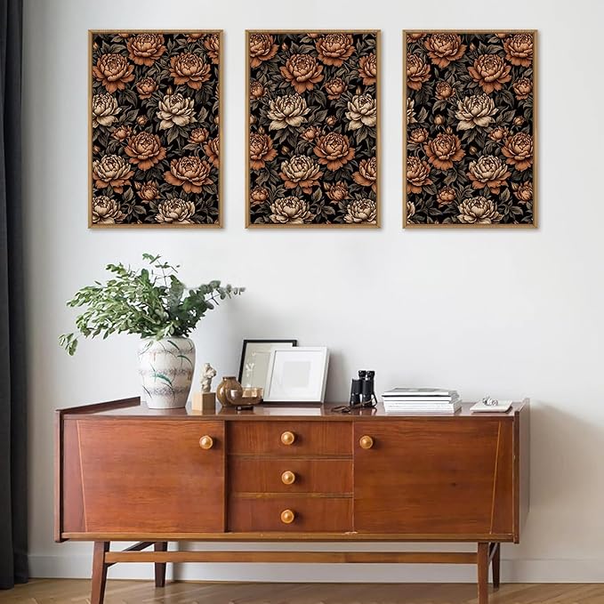 KAIRNE Moody Dark Floral Wall Art Set of 3, Vintage Flower Framed Canvas Prints, Mid Century Modern Botanical Artwork, Modern Colorful Decor for Living Room Bedroom Office, 16×24inch
