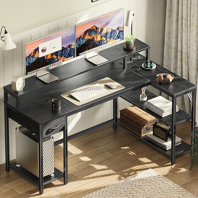 SUPERJARE 53 inch L Shaped Gaming Desk with LED Lights & Power Outlets, Reversible Computer Desk with Shelves & Monitor Stand, Corner Desk with Drawer, for Home & Office, Black
