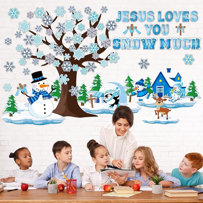 gisgfim Winter Bulletin Board Decorations Winter Snowflakes Snowman Tree Paper Cutouts Christmas Christian Bulletin Board Cutouts for Classroom Religious School Door Christmas Home Wall Decor Supplies