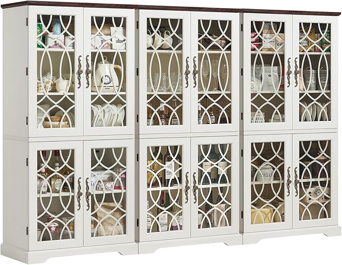 67" Tall Bookshelf Set of 3, Vintage Book Shelf with Glass Doors, 5-tier Wood Bookcase with Adjustable Storage Shelves, Freestanding Rustic Curio Display Cabinet for Living Room, Office, White