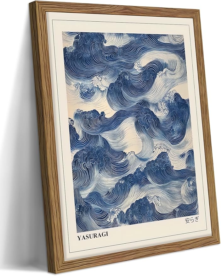 Framed Japanese Wall Art, Vintage Abstract Blue Waves Canvas Wall Decor Painting, Minimalist Japandi Oriental Ocean Aesthetic Prints Picture for Living Room Bathroom Bedroom 16x24 Inch