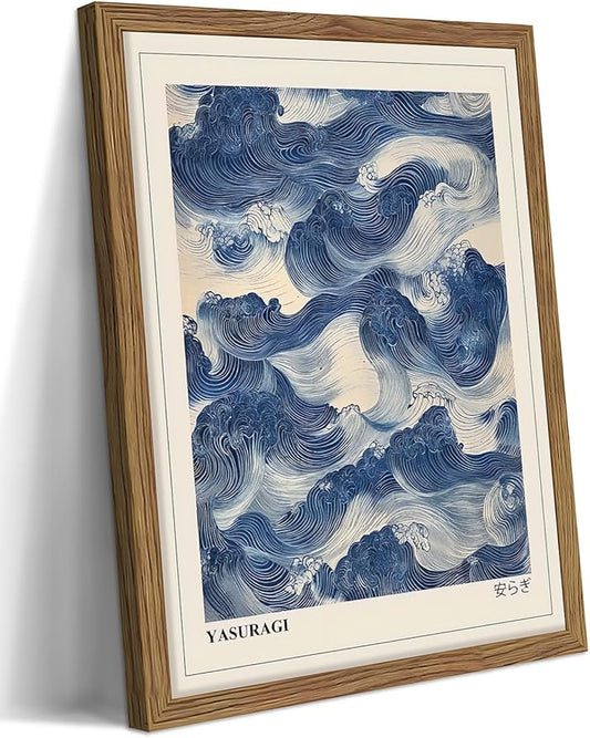 Framed Japanese Wall Art, Vintage Abstract Blue Waves Canvas Wall Decor Painting, Minimalist Japandi Oriental Ocean Aesthetic Prints Picture for Living Room Bathroom Bedroom 12x16 Inch