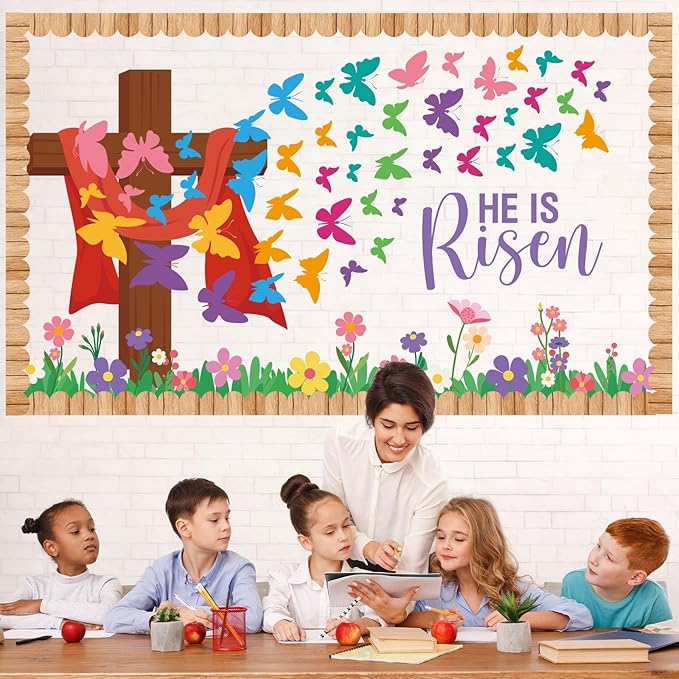 Easter Christian Bulletin Board Set He is Risen Paper Cutouts Butterfly Classroom Decoration Easter Butterfly Flowers Bulletin Board for Sunday Spring School Church Party Home Chalkboard Decor