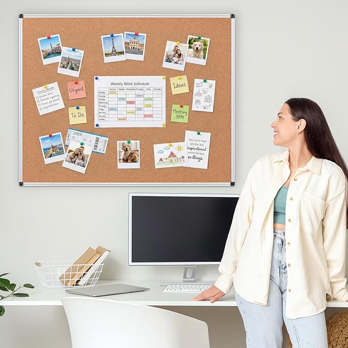 Board2by Large Cork Bulletin Board 48" X 48", Silver Aluminum Framed Corkboard for Wall, Wall Mounted Notice Pin Board with Push Pins for School, Home & Office - 4' x 4' Corkboard