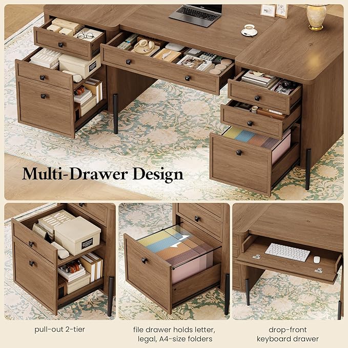 63" Executive Desk with 5 Drawers, Farmhouse Home Office Desks with 2 Storage Cabinet and Keyboard Tray, Large Boss Desk with Privacy Panel, Modern Table with Open Shelf and File Drawer
