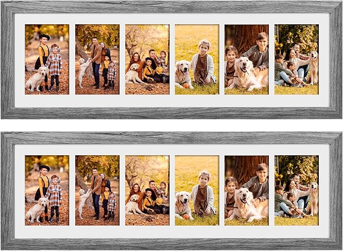 Chunful 2 Pcs 28.4 x 9.5 Inches Collage Picture Frames for Wall Multiple 4 x 6 Inch Wood Picture Frame Display 6 Opening Multi Photo Frame with Acrylic Screens Horizontal and Vertical(Gray)