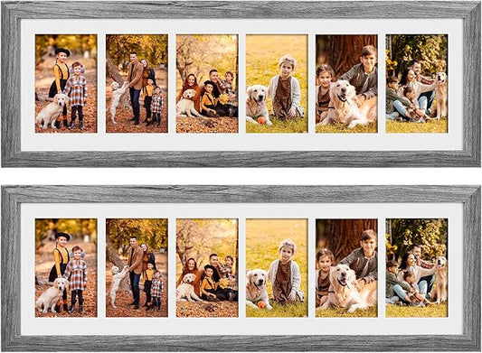 Chunful 2 Pcs 28.4 x 9.5 Inches Collage Picture Frames for Wall Multiple 4 x 6 Inch Wood Picture Frame Display 6 Opening Multi Photo Frame with Acrylic Screens Horizontal and Vertical(Gray)