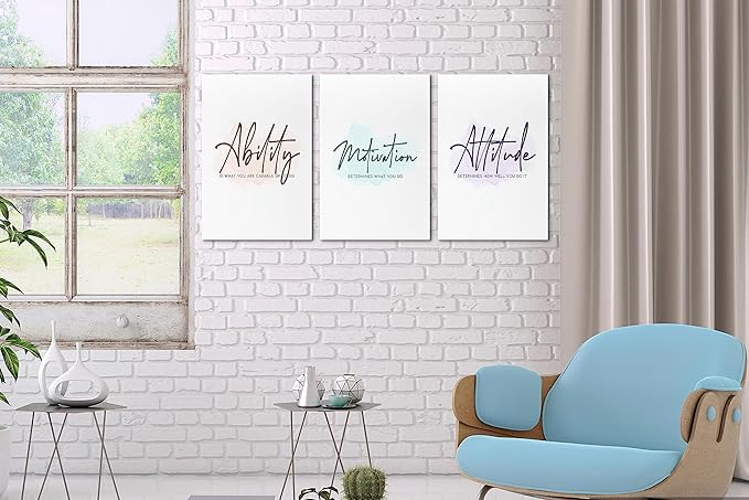 SHMAO Office Canvas Wall Art Motivational Wall Decor, 3 Piece Ability Motivation Attitude Print Pictures for Office Wall Decor Women Inspirational Framed Artwork Home Office Decor 12”x18”x3 Panels