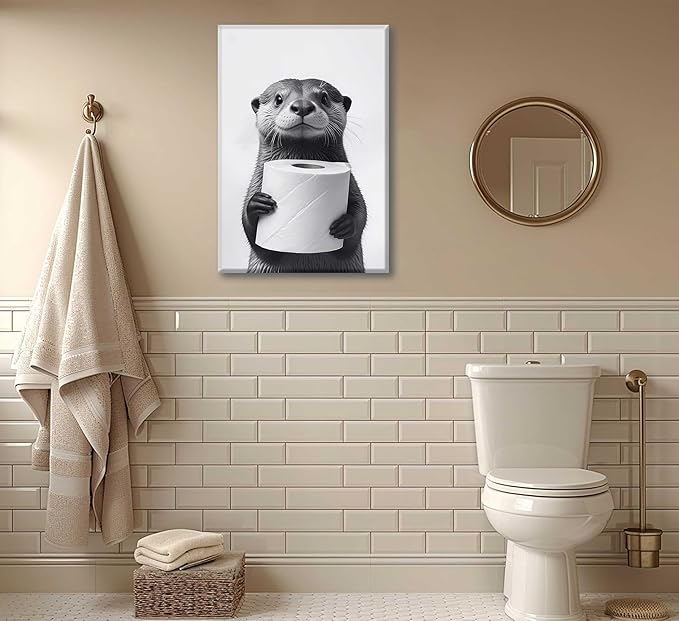 Bathroom Animal Canvas Wall Art Funny Raccoon Wall Decor Black and White Otter Print Picture Farmhouse Bathroom Painting for Restroom Decoration Framed