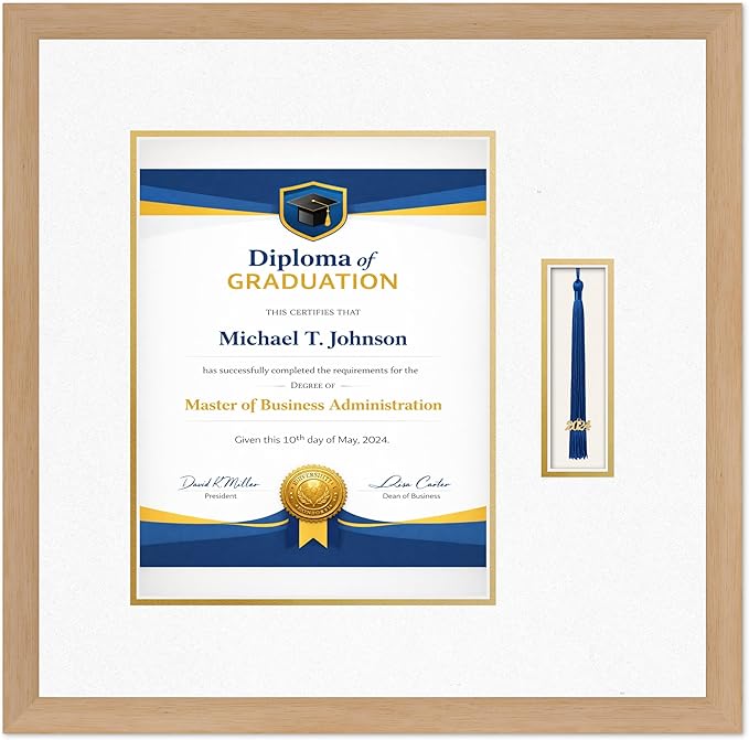 Diploma Frame with Tassel Holder Natural Wood Shadowbox Oyster Shell Over Gold Mat - Fits 10 x 13 Degree Made in the USA
