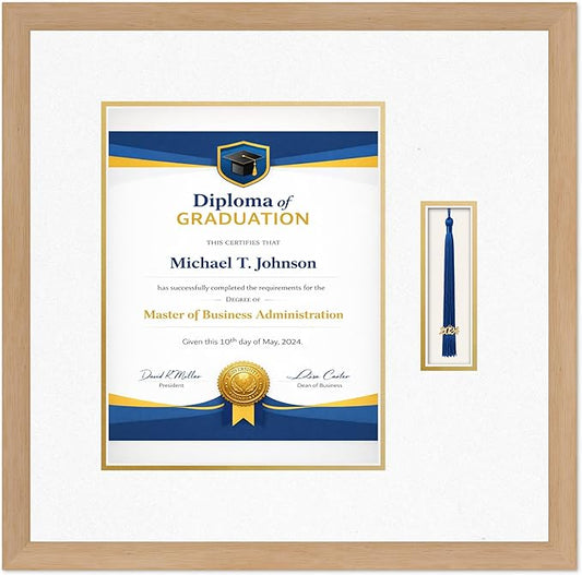 Diploma Frame with Tassel Holder Natural Wood Shadowbox Oyster Shell Over Gold Mat - Fits 10 x 13 Degree Made in the USA